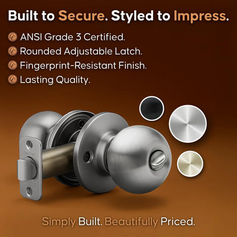 Privacy Interior Door Knob With Turn Button Lock ANSI Grade 3 Certified, satin stainless finish, shown with adjustable latch