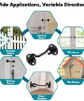 Diagram showing applications of (2 Pack) Privacy Hook and Eye Latch for Barn Door, Stainless Steel Gate Latch on various gates and doors.