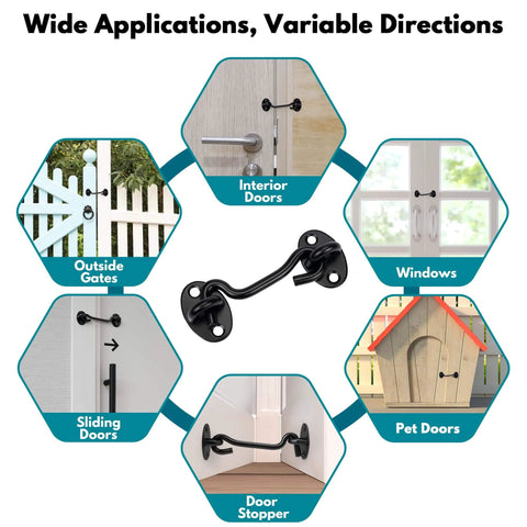 Diagram showing applications of (2 Pack) Privacy Hook and Eye Latch for Barn Door, Stainless Steel Gate Latch on various gates and doors.