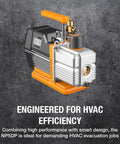 Pro Grade Navac NP5DP HVAC Vacuum Pump With Dual Stage AC Motor, 5 CFM Flow, 15 Microns Vacuum, shown with check valve and handle