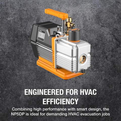 Pro Grade Navac NP5DP HVAC Vacuum Pump With Dual Stage AC Motor, 5 CFM Flow, 15 Microns Vacuum, shown with check valve and handle