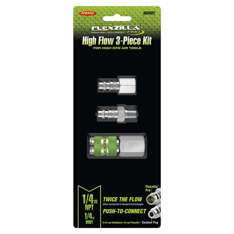 Pro High Flow Coupler And Plug Kits Set Three Piece One Quarter Inch NPT Push To Connect System packaging on black background