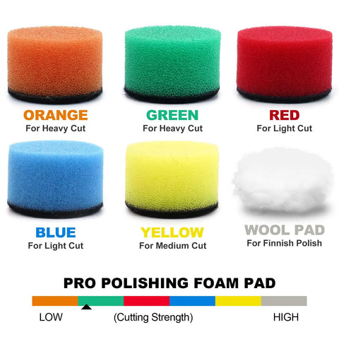 Colored polishing foam pads for heavy, medium, and light cuts, with wool pad for finish polish