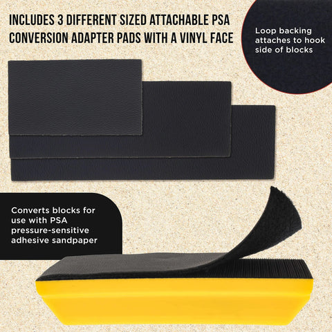 Pro Series Sanding Kit with 5 Inch 7 3 Quarter Inch 10 Inch Hook Loop Blocks showing PSA adapter pads and yellow sanding block