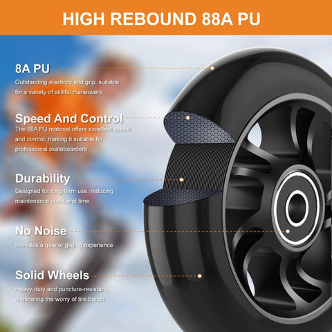 Close-up view of 100mm Pro Scooter Replacement Wheels with Aluminum Alloy Rim, featuring Anti Lock Bearings and 88A PU Tires, Black.