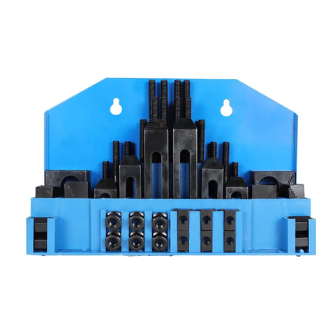 Pro Series 58 Piece T Slot Hold Down Clamp Kit For Milling Machines showing clamps, step blocks, and studs in blue organizer