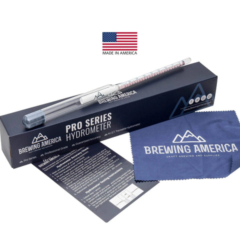 NIST traceable hydrometer kit USA with box, cloth, and instructions for homebrewing testing and measurement.