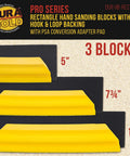 Pro Series Sanding Kit With 5 Inch 7 3 Quarter Inch 10 Inch Hook Loop Blocks featuring yellow rectangular blocks on black pads