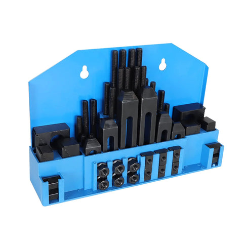 58-piece T-slot clamping kit for Bridgeport mill on blue organizer