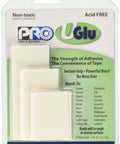 Pro U-Glu adhesive strips in packaging, non-toxic, acid-free, instant grip for rough surfaces, 5 strips, 1 in. x 2/3 in. x 3/4 in.
