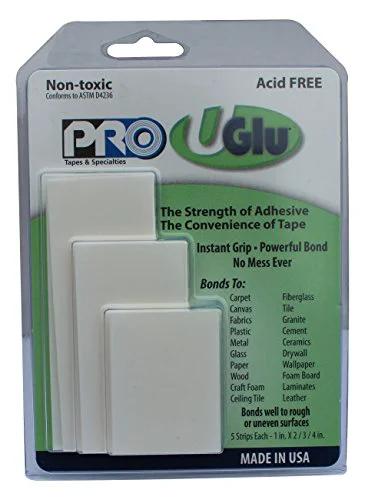 Pack of Pro UGlu adhesive strips with strong bond, visible packaging claims bonds to various surfaces, non-toxic, made in USA.