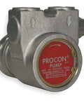 Side view of Procon Rotary Vane Pump 3/8 in 112 GPH with stainless steel body, showing inlet and outlet ports.