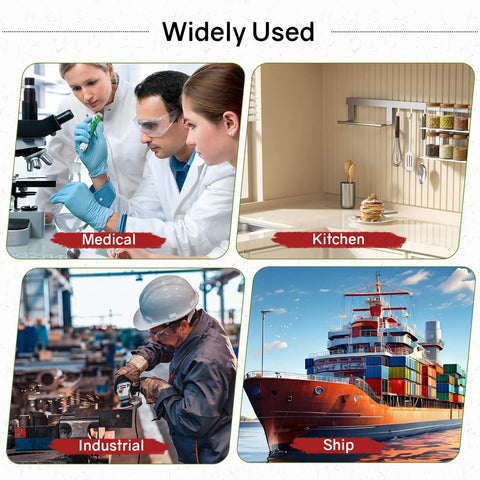 Image showing uses of Two 316 Stainless Steel Flat Bar Pieces in medical labs, kitchen equipment, industrial settings, and shipping.
