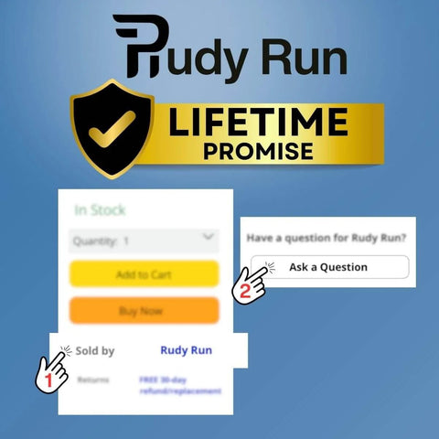 Product warranty badge with text 'Rudy Run Lifetime Promise' above an online purchase interface showing 'Add to Cart' and 'Ask a Question' options.