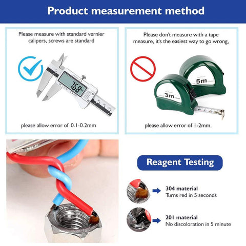 Measurement method graphic for 220 Pcs Metric M3 To M10 Stainless Conical Knurled Spring And Belleville Washers with calipers and testing details.