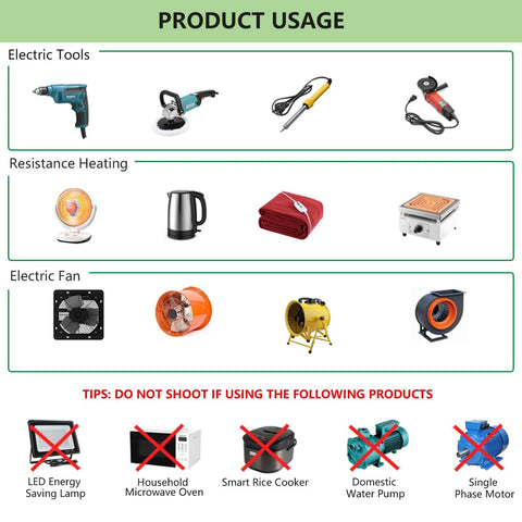 Product usage chart showing compatible electric tools, resistance heating devices, and electric fans for AC Motor Speed Controller 120V 15A Max.