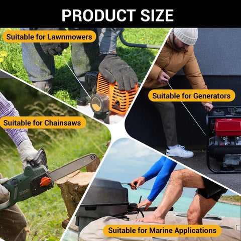 Collage of a person adjusting lawnmower, generator, chainsaw, and marine equipment with text 'Suitable for Lawnmowers, Generators, Chainsaws, Marine Applications'