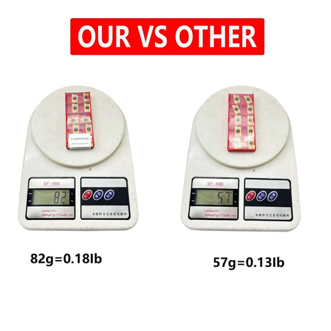 Comparison of two scales weighing metal inserts, left scale at 82g and right scale at 57g, with text 'OUR VS OTHER' above.