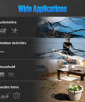 Wide applications, including automotive repairs, outdoor activities, household uses, and garden items, illustrating versatility.