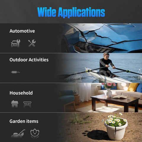 Wide applications, including automotive repairs, outdoor activities, household uses, and garden items, illustrating versatility.