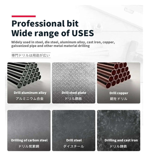 Image showing professional drill bits for versatile use on aluminum, steel, copper, carbon steel, die steel, and cast iron.