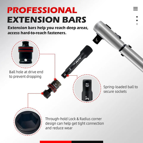 Three Eighths Inch Drive Universal Impact Socket Set, AKM TOOL, 20 Piece With 360 Degree Rotating Universal Joint shown with extension bars and features