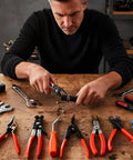Man using Professional Hose Clamp Pliers Kit 4 Pcs Includes Disconnecting Pliers Crimping Pliers Cutting Pliers And Wire Strippers For Tackle Wiring Electrical Repairs Auto Maintenance DIY Car Enthusiasts And Pros on workbench.