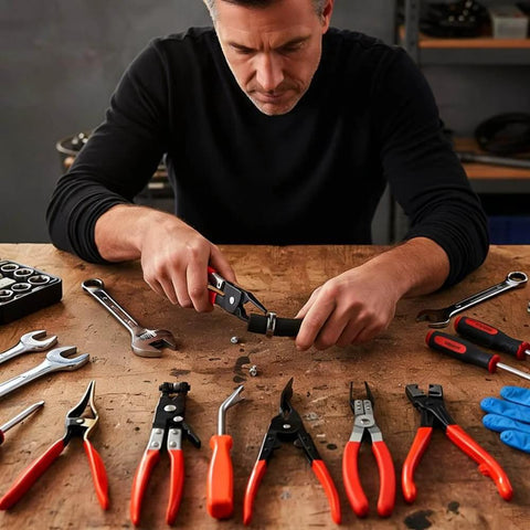 Man using Professional Hose Clamp Pliers Kit 4 Pcs Includes Disconnecting Pliers Crimping Pliers Cutting Pliers And Wire Strippers For Tackle Wiring Electrical Repairs Auto Maintenance DIY Car Enthusiasts And Pros on workbench.
