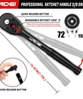 Professional ratchet handle for 3/8 inch drive with quick release button and 72 teeth, part of Three-Eighth Inch Drive Impact Socket Set Kit.