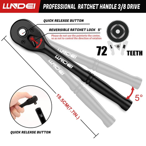 Professional ratchet handle for 3/8 inch drive with quick release button and 72 teeth, part of Three-Eighth Inch Drive Impact Socket Set Kit.