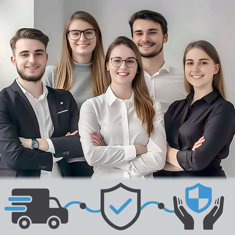 Group of five professionals smiling, wearing business attire, with delivery and protection icons below.