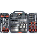 180 Piece Professional Tool Set in Tool Storage Case - CTK180 open view showing sockets, wrenches, pliers, and screwdrivers in a hard case