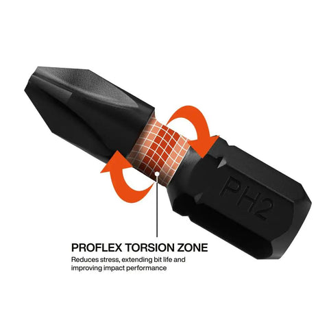 Close-up of Slim Micro-Ratchet ProFlex Impact Driver Bit showing ProFlex torsion zone, part of 20-piece S2 Steel Set by Klein Tools.