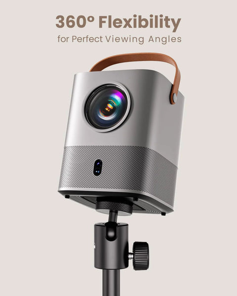 Silver projector on adjustable stand with 360-degree rotation ball head, highlighting portable projector stand for outdoor and home theater use.