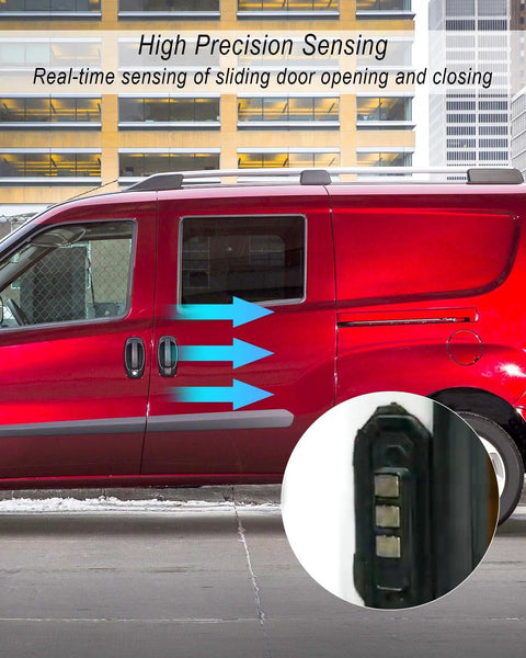 Sliding Door Connector Plate Wiring Set For Ram ProMaster Central Locking System 2014 2021 Door Lock Contact Sensor Replacement Fits 68100641AA 68100641AB 68100642AA 68210573AA 68210573AB 68550907AA Durable Quality displayed on a red van showcasing sensor placement.