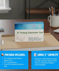 Premium Prong Paper Fasteners With 2 Inch Capacity And 50 Complete Sets displayed on a desk with file folders and office supplies.