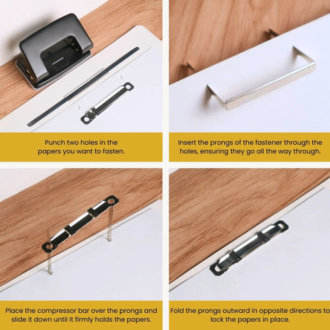 Premium Prong Paper Fasteners With 2 Inch Capacity And 50 Complete Sets, Heavy Duty Metal Construction, Base With Compressor For Standard 2 Hole Punch, Ideal For File Folders And Thick Presentations, 50 Per Box OLYMPX in use demonstration