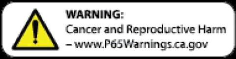 Prop 65 warning label for cancer and reproductive harm with website www.P65Warnings.ca.gov