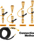 Seven Piece Propane Quick Connect Fittings Kit With One Quarter Inch NPT Adapters And Three Eighth Inch Flare RV Grade Brass Quick Connects Includes Shutoff Valve Full Flow Plug Pipe Coupler Hex Nipple And More connection methods with hose