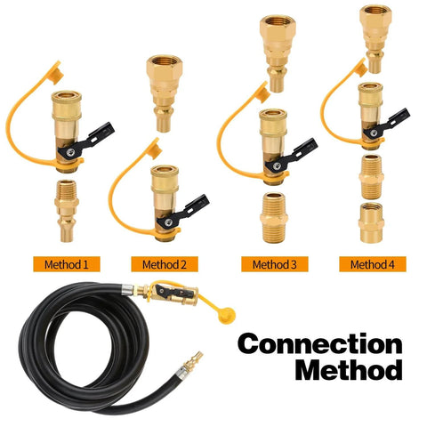 Seven Piece Propane Quick Connect Fittings Kit With One Quarter Inch NPT Adapters And Three Eighth Inch Flare RV Grade Brass Quick Connects Includes Shutoff Valve Full Flow Plug Pipe Coupler Hex Nipple And More connection methods with hose