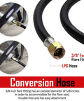 Close-up of propane regulator with 3/8" female flare fitting and LPG hose, labeled conversion hose for gas appliances.