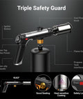 Propane Kitchen Torch With One Touch Max Fire Safety Lock And Triple Guard Charcoal Lighter Flame Thrower For Grill Sous Vide And BBQ Cooking Tool Designed For Precision Searing On Meat And Desserts Tank Not Included, showing torch parts and safety features.
