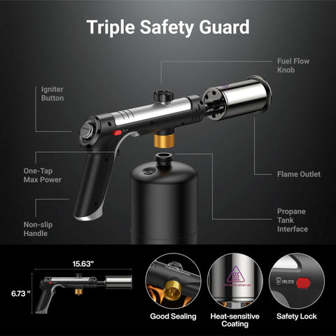 Propane Kitchen Torch With One Touch Max Fire Safety Lock And Triple Guard Charcoal Lighter Flame Thrower For Grill Sous Vide And BBQ Cooking Tool Designed For Precision Searing On Meat And Desserts Tank Not Included, showing torch parts and safety features.