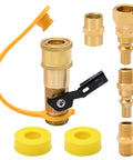 Seven Piece Propane Quick Connect Fittings Kit With One Quarter Inch NPT Adapters And Three Eighth Inch Flare RV Grade Brass Quick Connects Includes Shutoff Valve Full Flow Plug Pipe Coupler Hex Nipple And More brass components with yellow Teflon tape