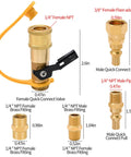 Seven Piece Propane Quick Connect Fittings Kit With One Quarter Inch NPT Adapters And Three Eighth Inch Flare RV Grade Brass Quick Connects Includes Shutoff Valve Full Flow Plug Pipe Coupler Hex Nipple And More displayed with labeled dimensions