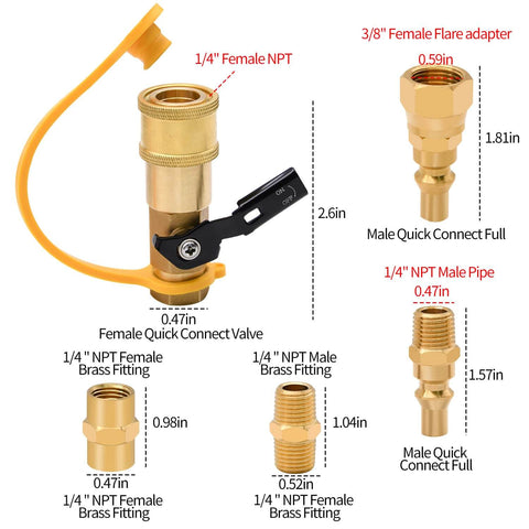Seven Piece Propane Quick Connect Fittings Kit With One Quarter Inch NPT Adapters And Three Eighth Inch Flare RV Grade Brass Quick Connects Includes Shutoff Valve Full Flow Plug Pipe Coupler Hex Nipple And More displayed with labeled dimensions