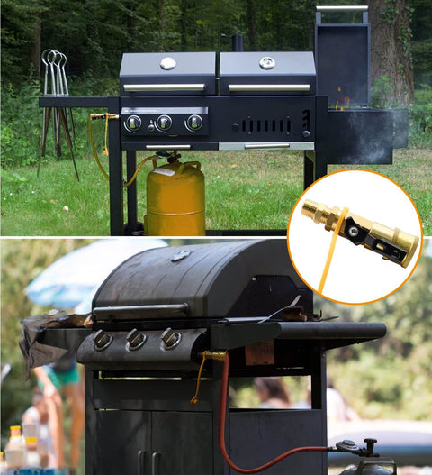 Outdoor grills connected using the Seven Piece Propane Quick Connect Fittings Kit With One Quarter Inch NPT Adapters And Three Eighth Inch Flare RV Grade Brass Quick Connects Includes Shutoff Valve Full Flow Plug Pipe Coupler Hex Nipple And More