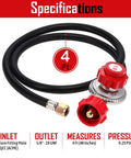 Propane Regulator With Four Foot High Pressure Hose Brass Orifice Three Eighths Flare And One Eighth MNPT Adjustable Zero To Twenty Psi QCC One Type.