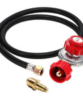 Propane Regulator With Four Foot High Pressure Hose Brass Orifice Three Eighths Flare And One Eighth MNPT Adjustable Zero To Twenty Psi QCC One Type For Outdoor Grills Heaters Burners And Fire Pits Works With Any US Tanks Red