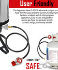 Propane Regulator With Four Foot High Pressure Hose Brass Orifice Three Eighths Flare And One Eighth MNPT Adjustable Zero To Twenty Psi QCC One Type For Outdoor Grills Heaters Burners And Fire Pits Works With Any US Tanks Red connected to propane tank